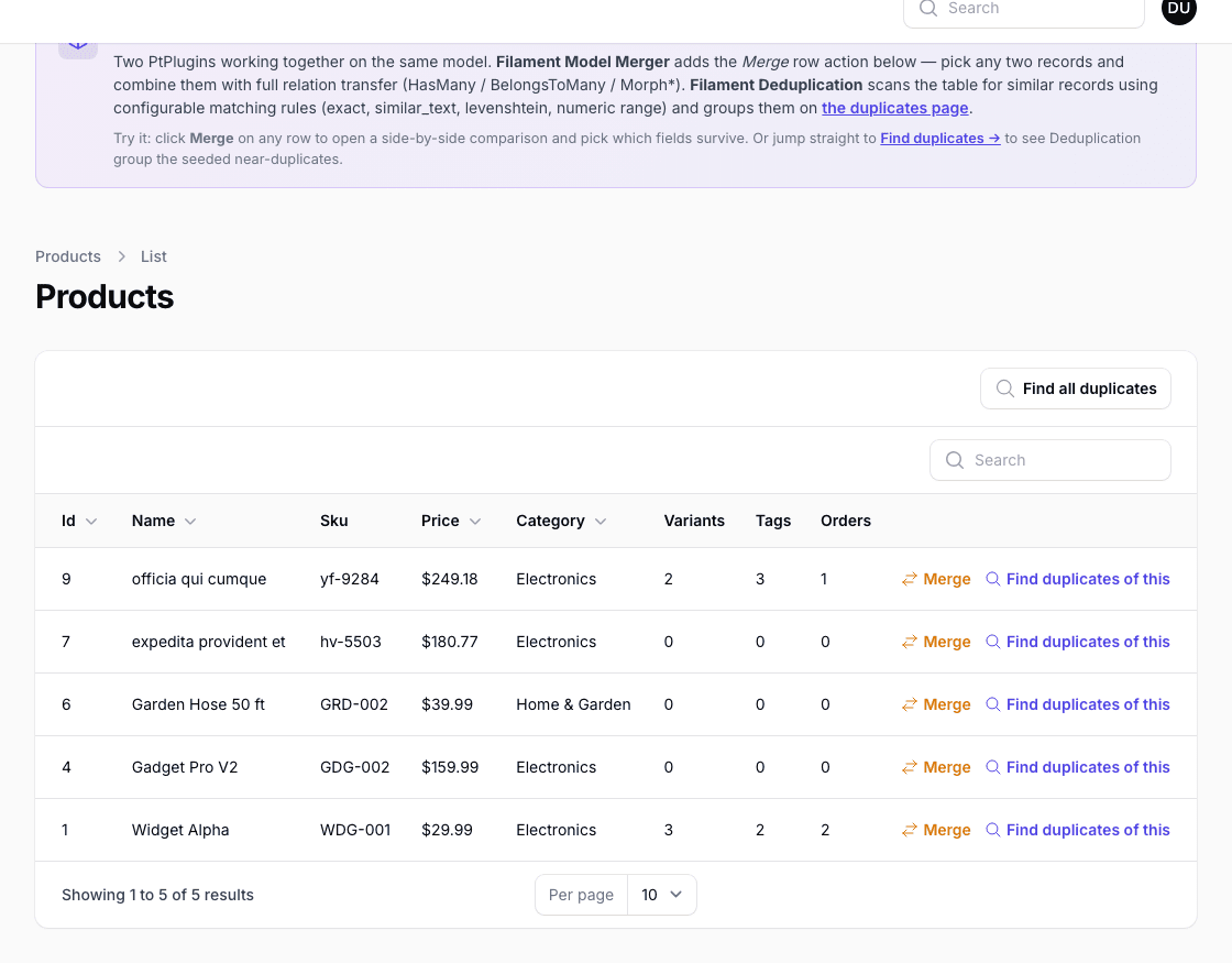 A Filament resource table with a Merge row action and a 'Find duplicates of this' link on every row.